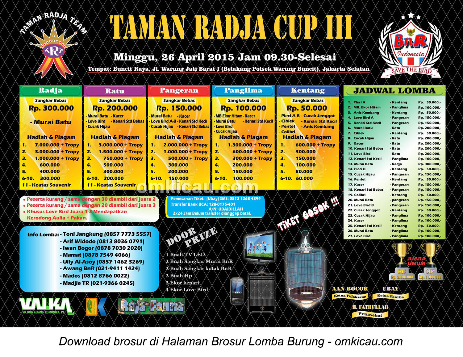 Brosur Lomba Burung Berkicau Taman Radja Cup III, Jakarta Selatan, 26 April 2015