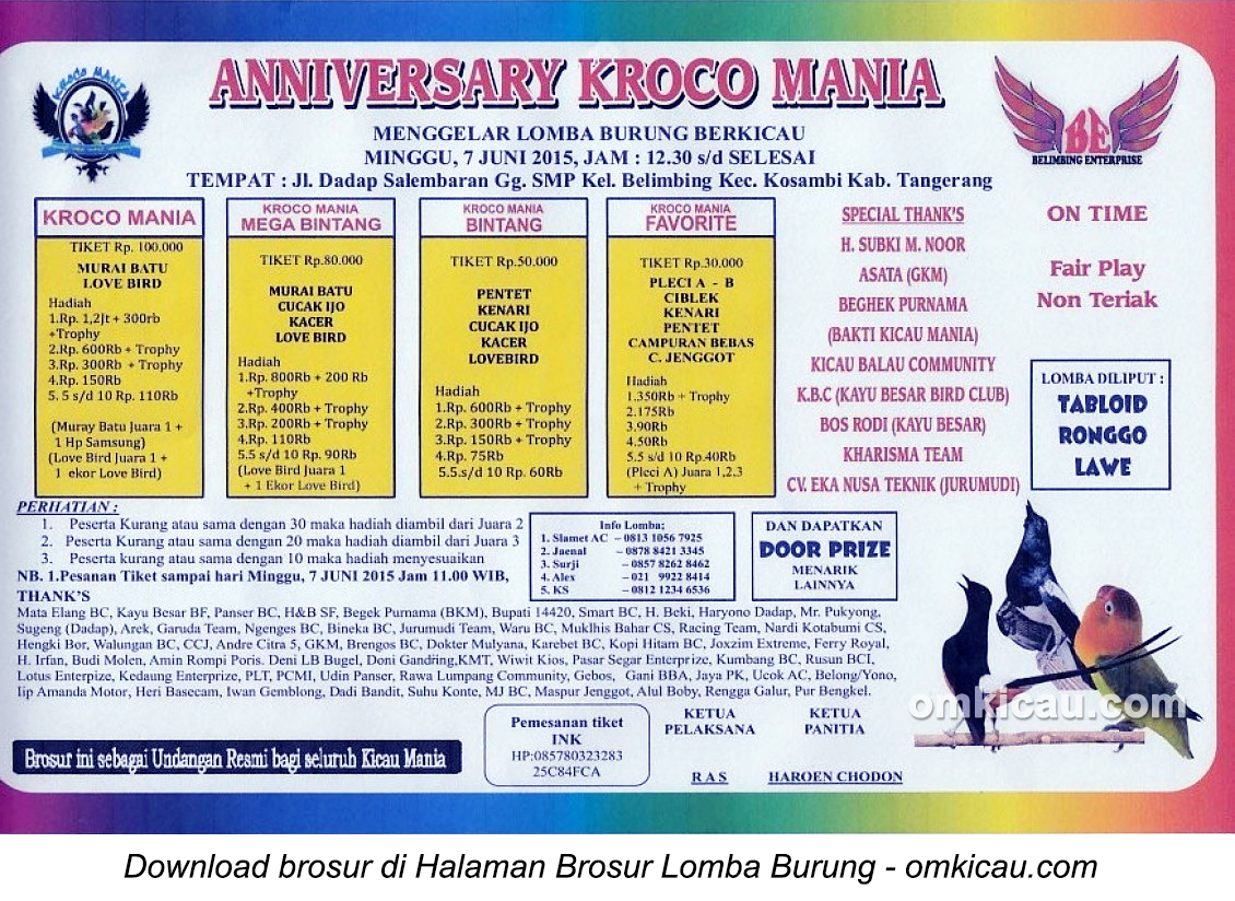 Brosur Lomba Burung Berkicau Anniversary Kroco Mania, Tangerang, 7 Juni 2015