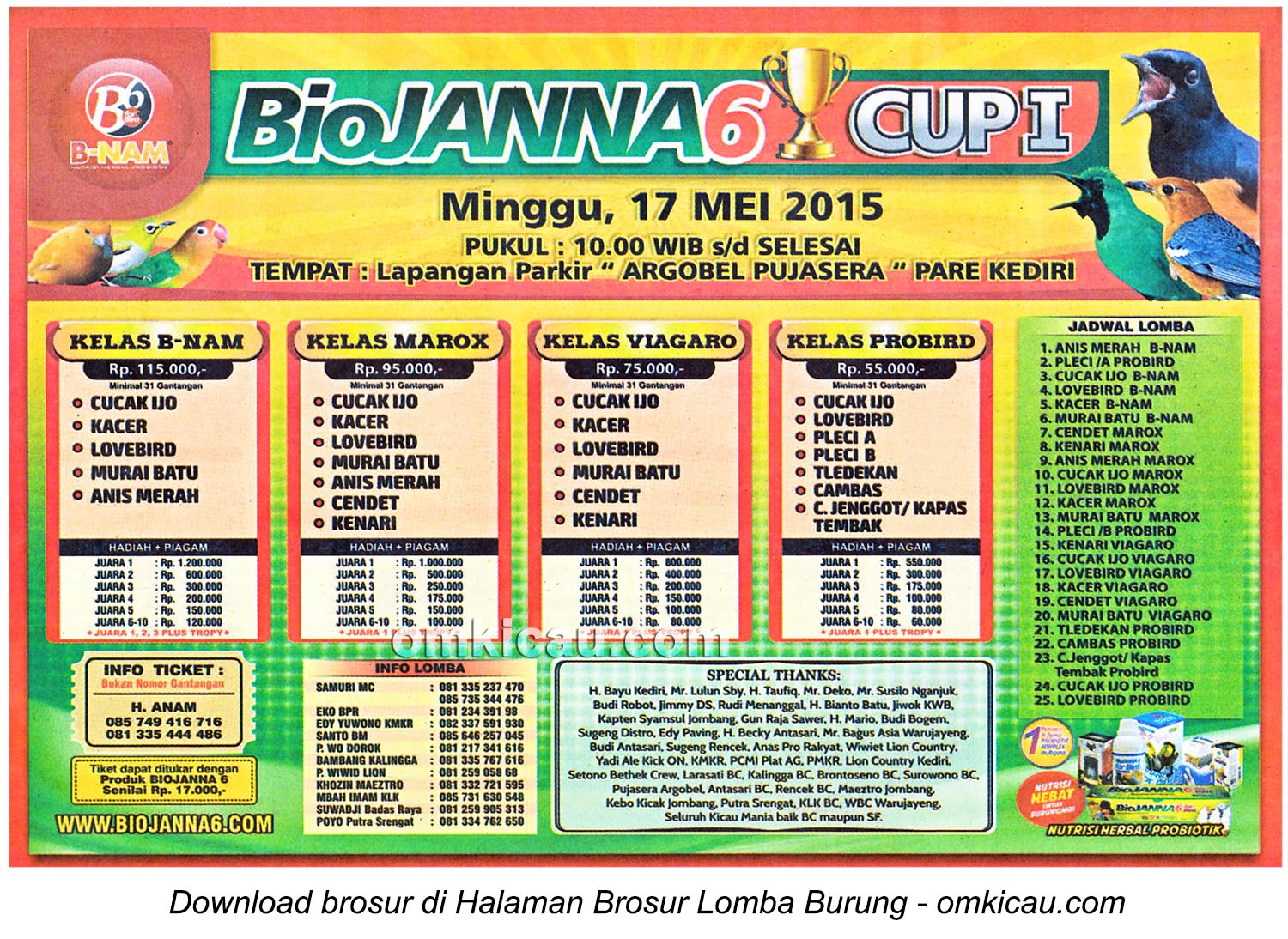 Brosur Lomba Burung Berkicau BioJanna6 Cup I, Kediri, 17 Mei 2015