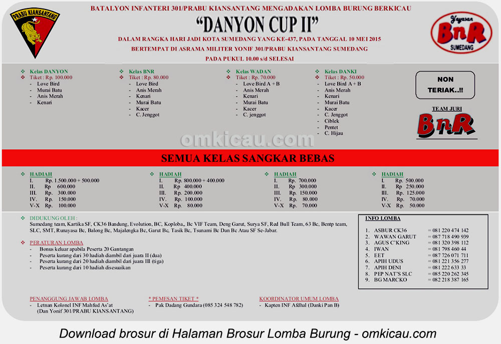 Brosur Lomba Burung Berkicau Danyon Cup II Infanteri-301, Sumedang, 10 Mei 2015