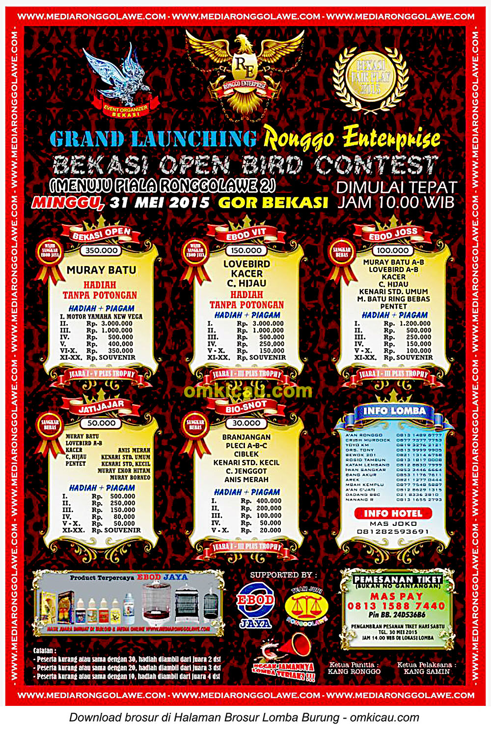 Brosur Lomba Burung Berkicau Grand Launching Ronggo Enterprise, Bekasi, 31 Mei 2015
