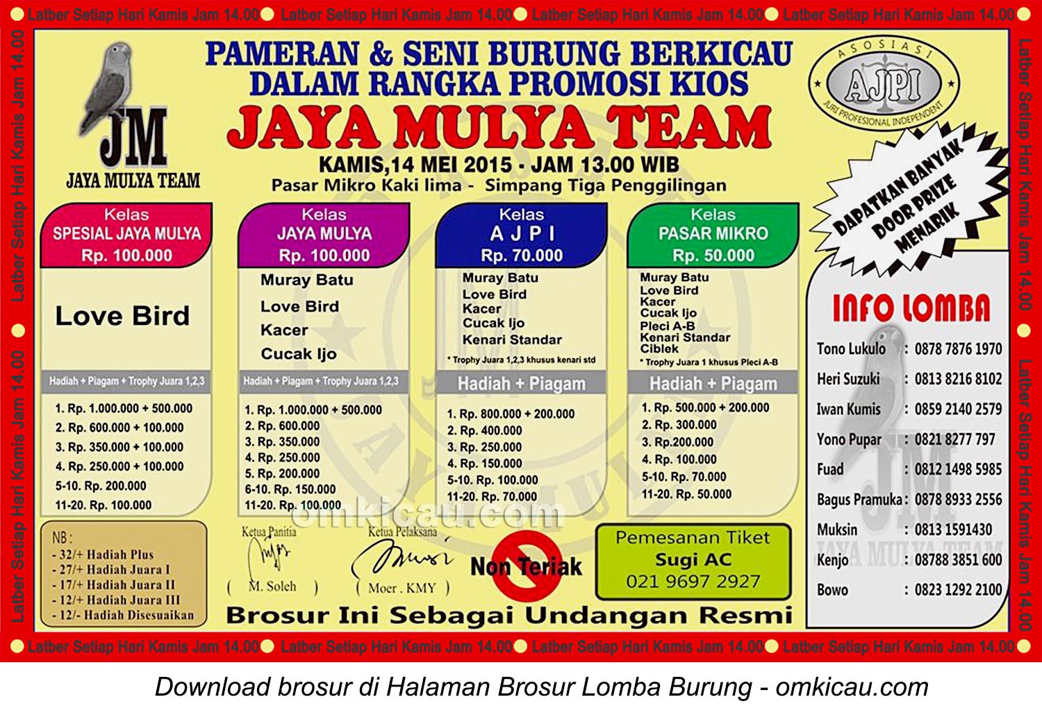 Brosur Lomba Burung Berkicau Jaya Mulya Team, Jakarta, 14 Mei 2015