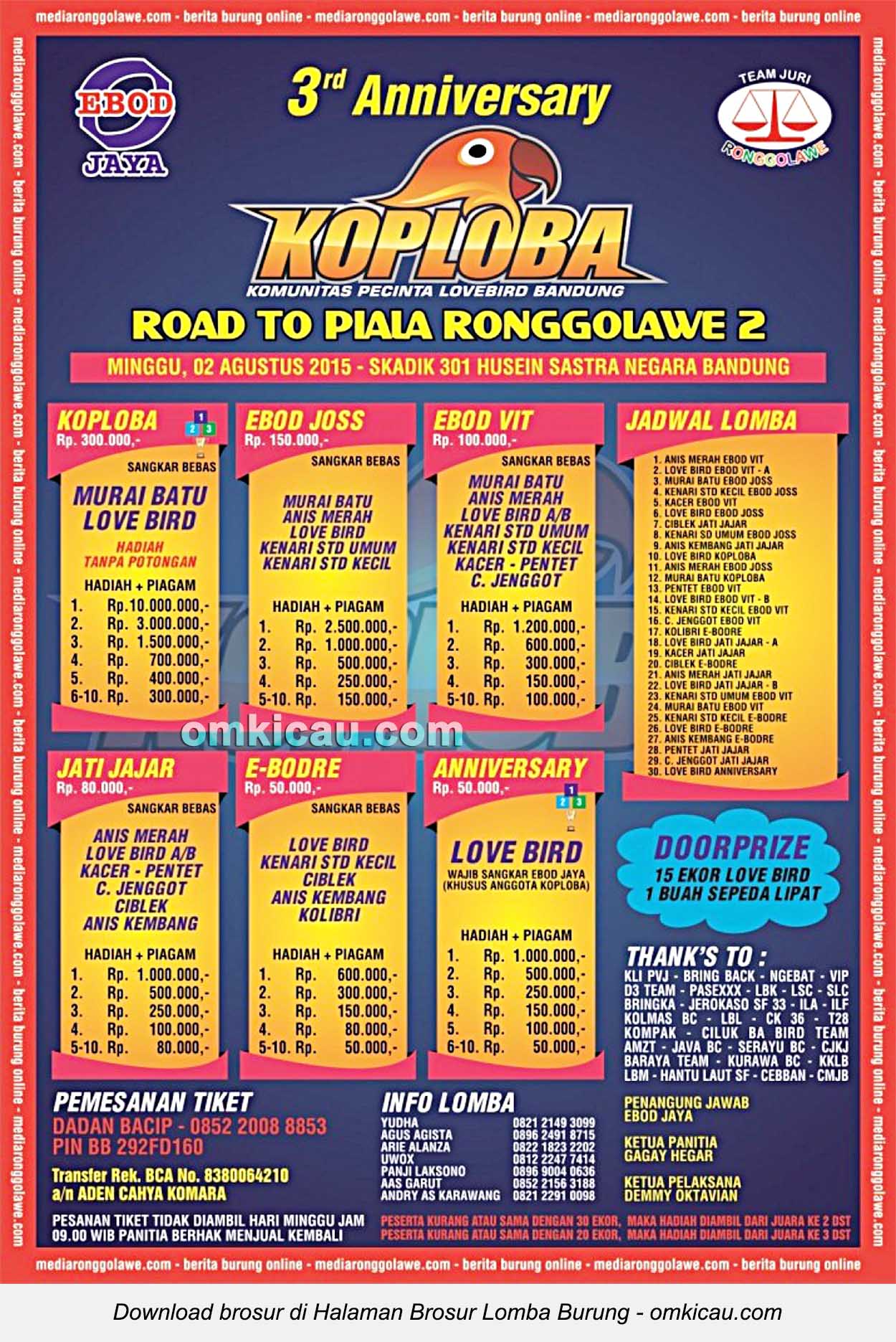 Brosur Lomba Burung Berkicau Koploba Road to Piala Ronggolawe, Bandung, 2 Agustus 2015