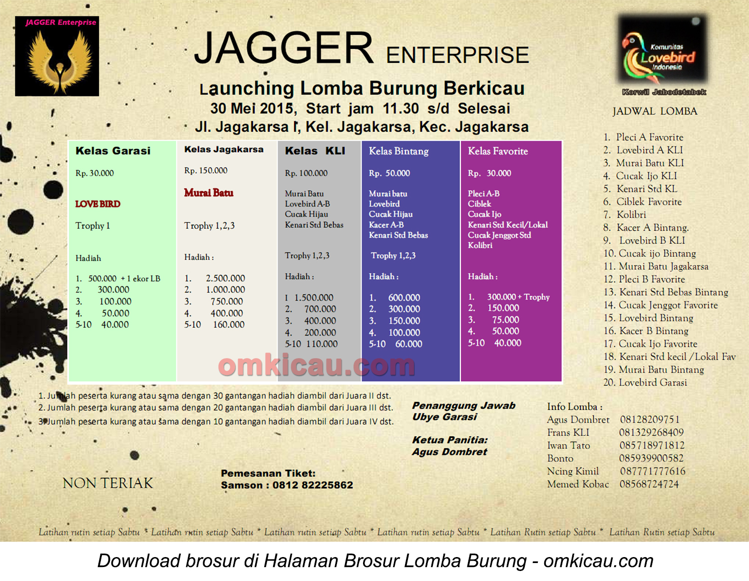 Brosur Lomba Burung Berkicau Launching Jagger Enterprise, Jakarta, 30 Mei 2015