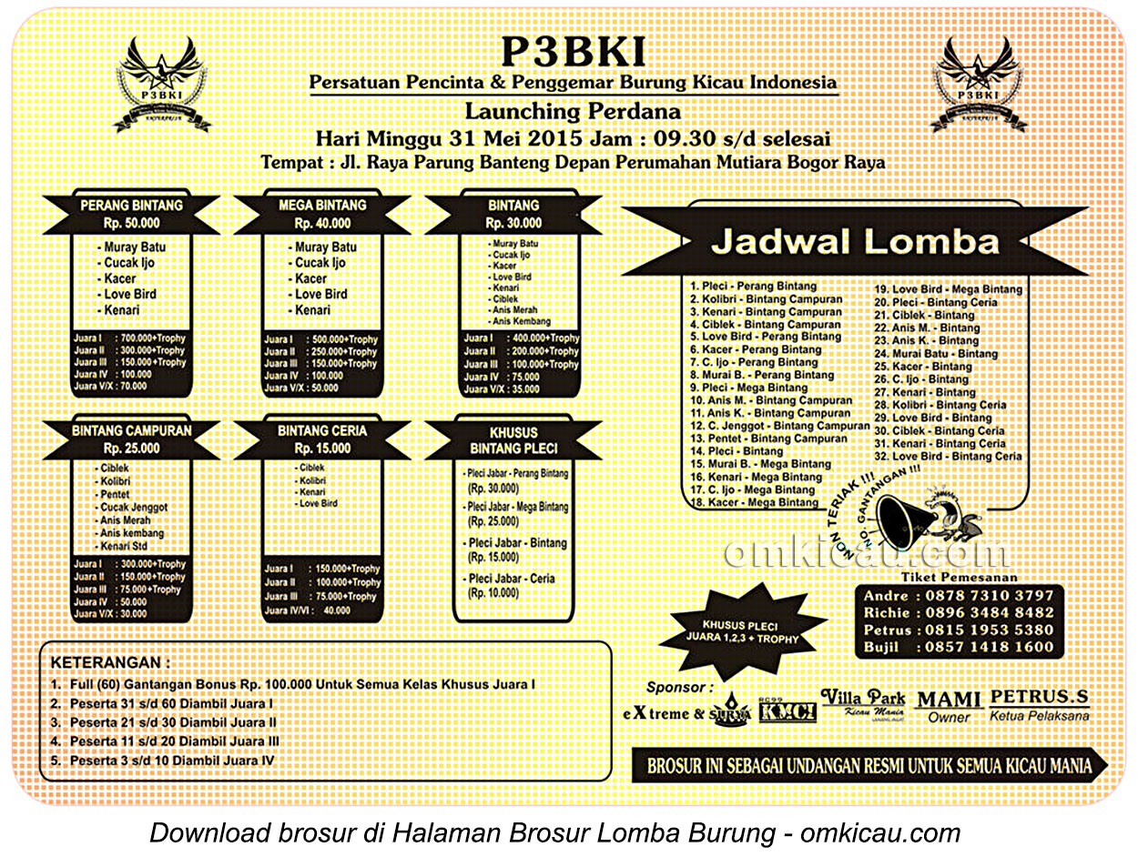 Brosur Lomba Burung Berkicau Launching Perdana P3BKI, Bogor, 31 Mei 2015
