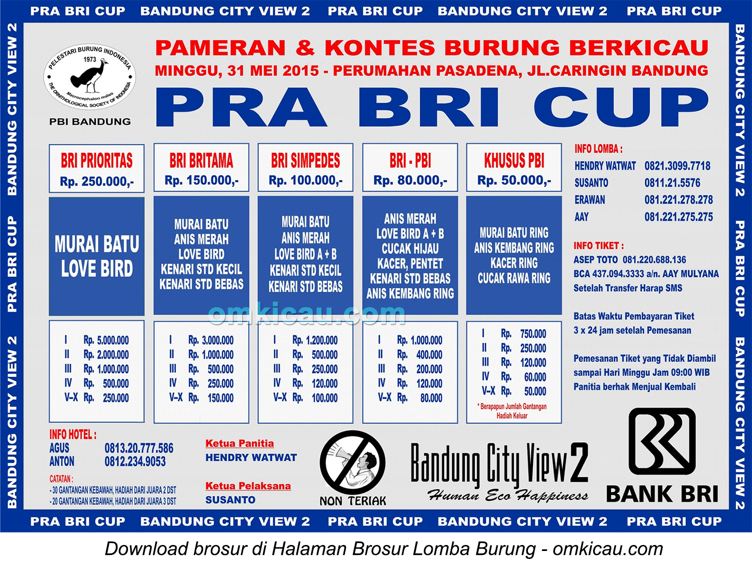 Brosur Lomba Burung Berkicau Pra-BRI Cup, Bandung, 31 Mei 2015