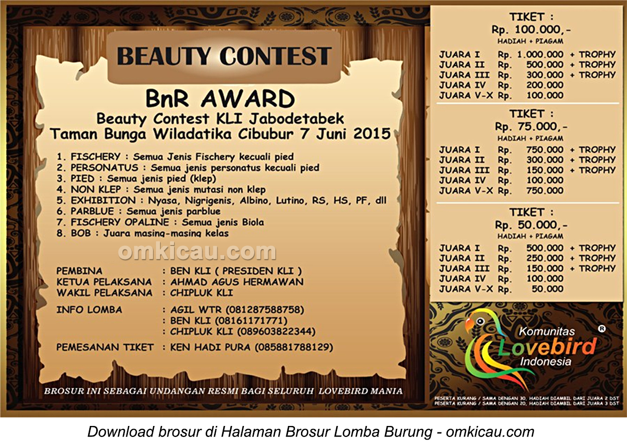 Brosur Lovebird Beauty Contest BnR Award, Jakarta, 7 Juni 2015