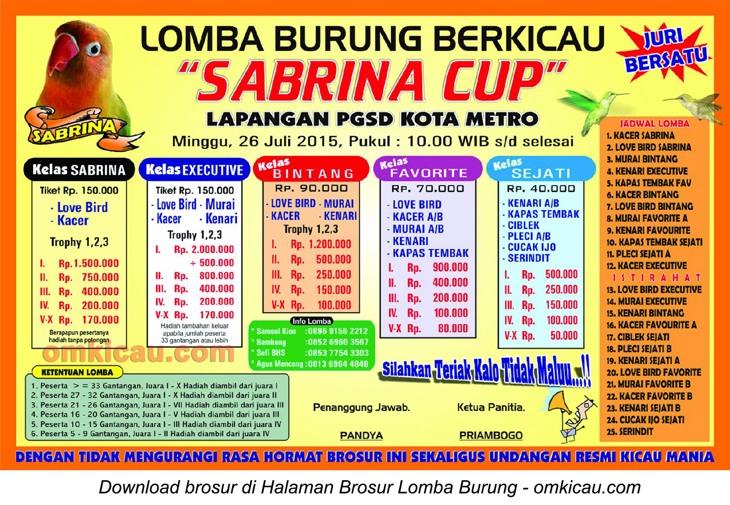 Brosur Lomba Burung Berkicau Sabrina Cup, Kota Metro, 26 Juli 2015
