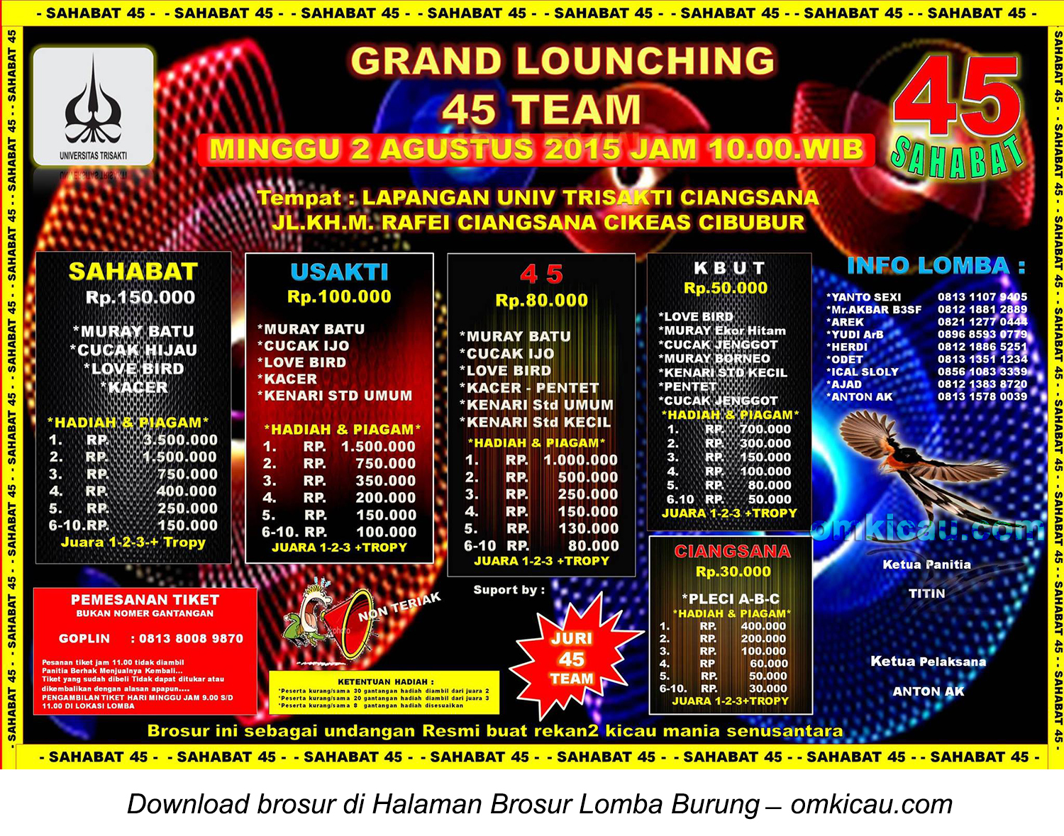 Brosur Lomba Burung Berkicau Grand Launching 45 Team, Cibubur, 2 Agustus 2015