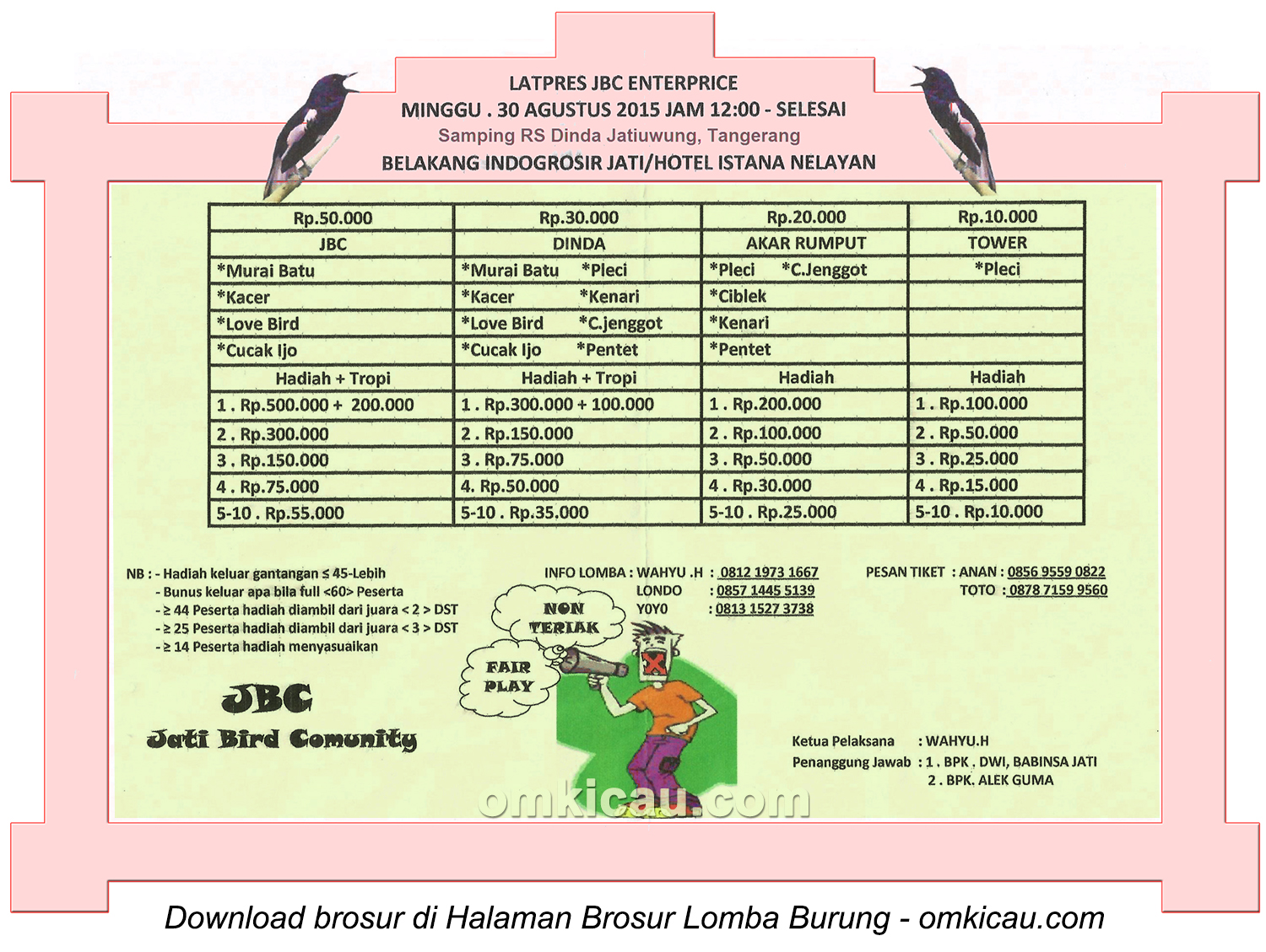 Brosur Latpres Burung Berkicau JBC Enterprise, Tangerang, 30 Agustus 2015