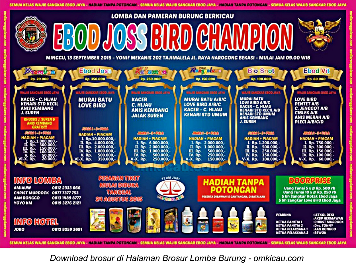 Brosur Lomba Burung Berkicau Ebod Joss Bird Champion, Bekasi, 13 September 2015