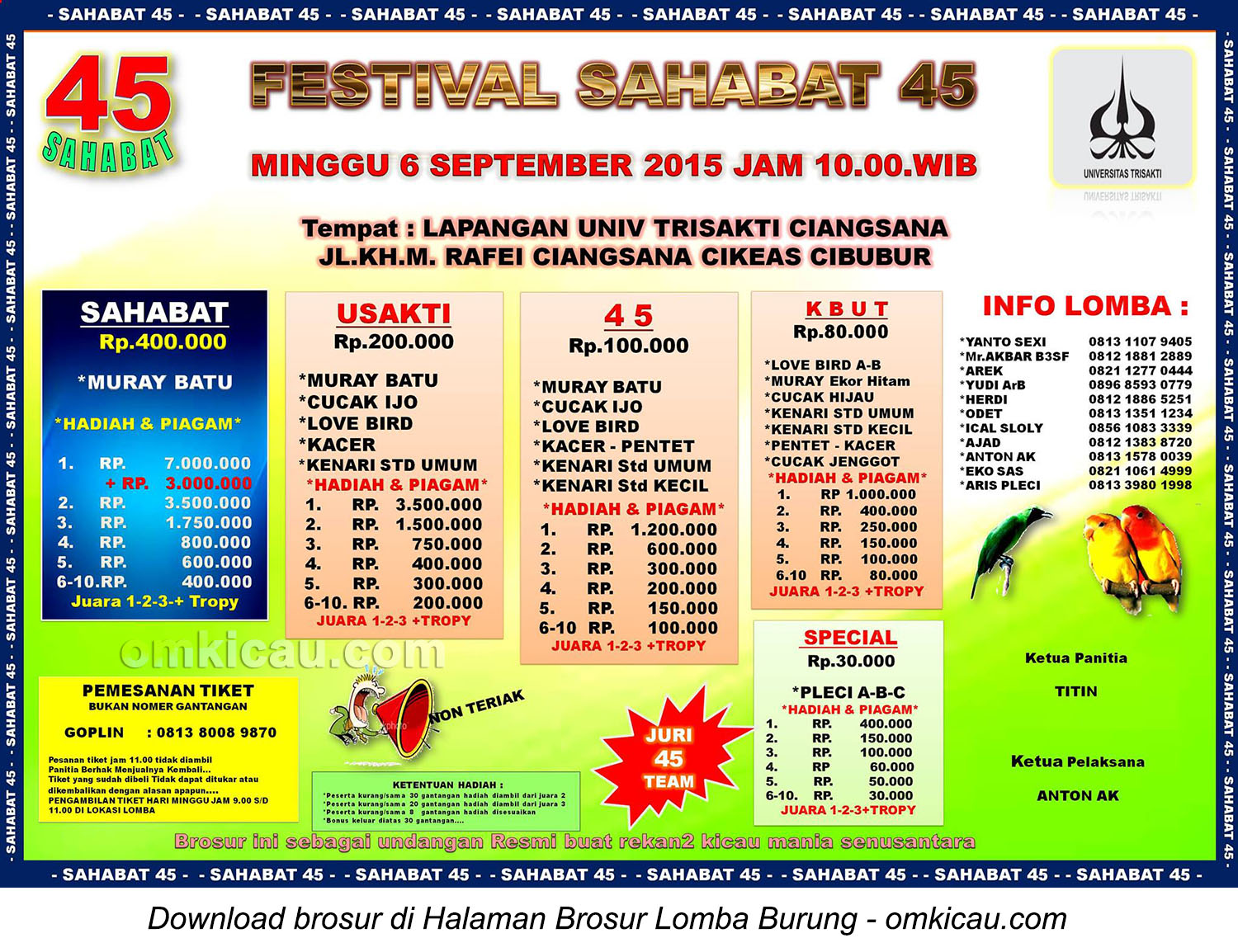 Brosur Lomba Burung Berkicau Festival Sahabat 45, Cibubur, 6 September 2015