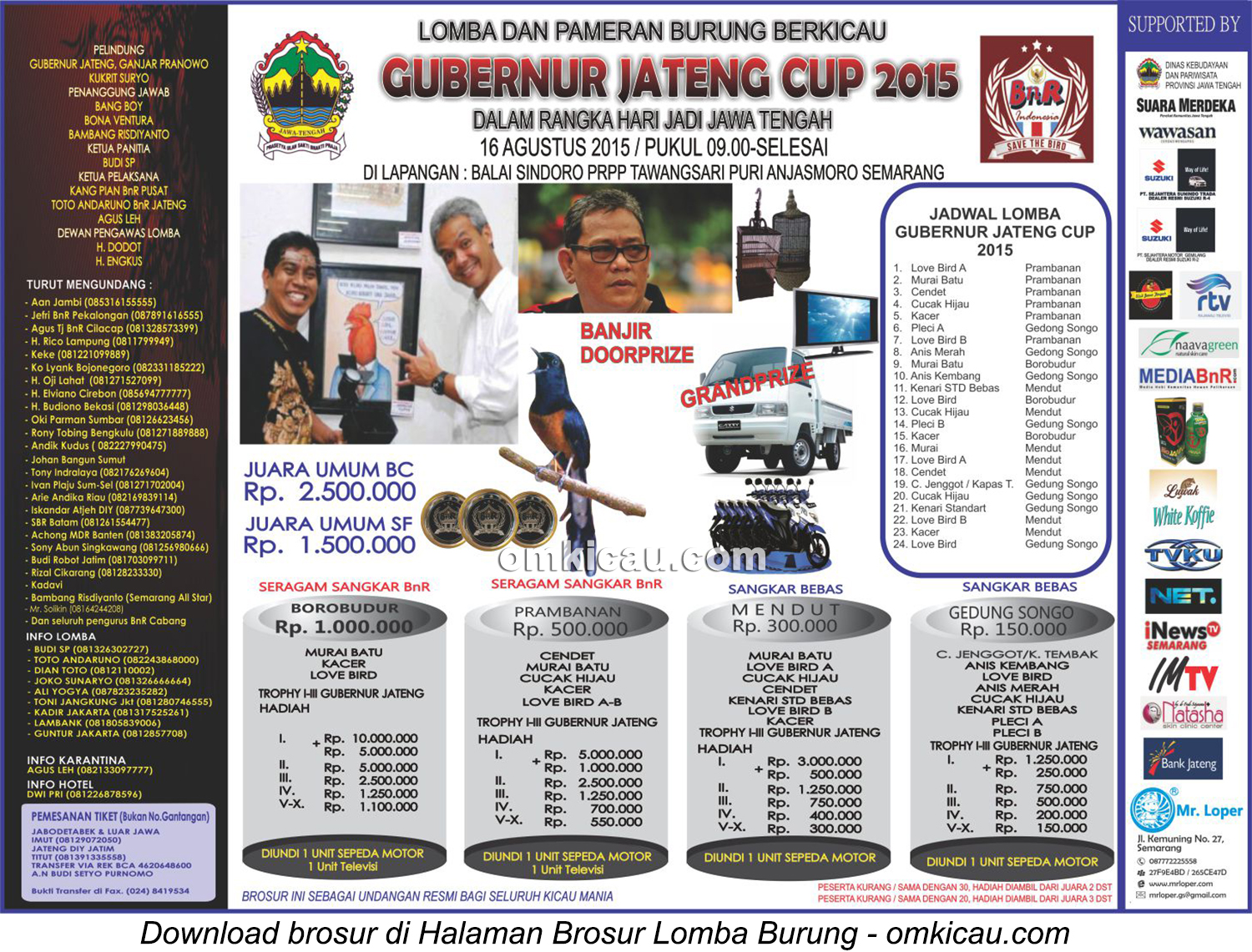 Brosur revisi Lomba Burung Berkicau Gubernur Jateng Cup, Semarang, 16 Agustus 2015