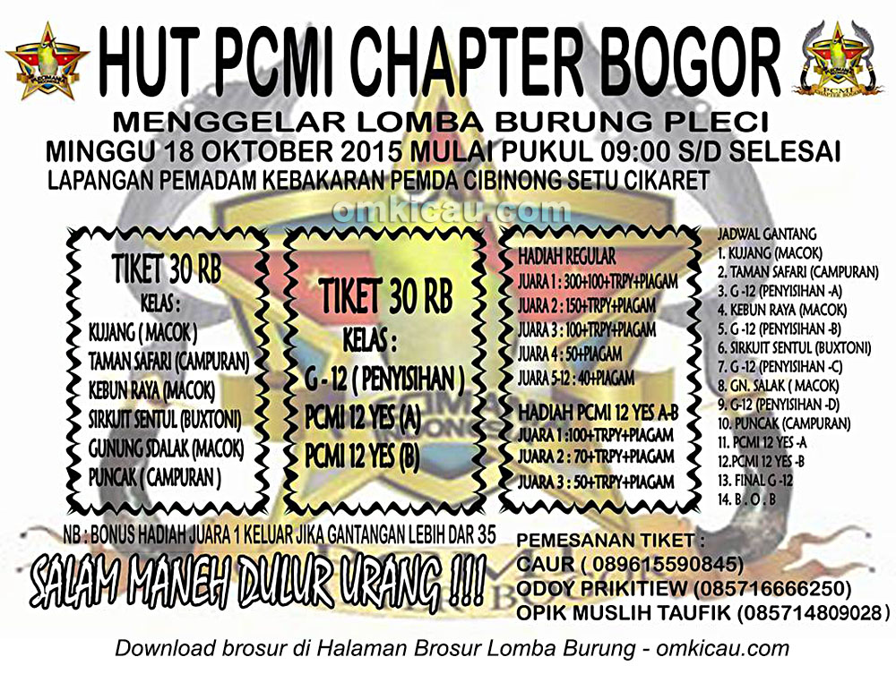 Brosur Kontes Burung Pleci HUT PCMI Chapter Bogor, 18 Oktober 2015