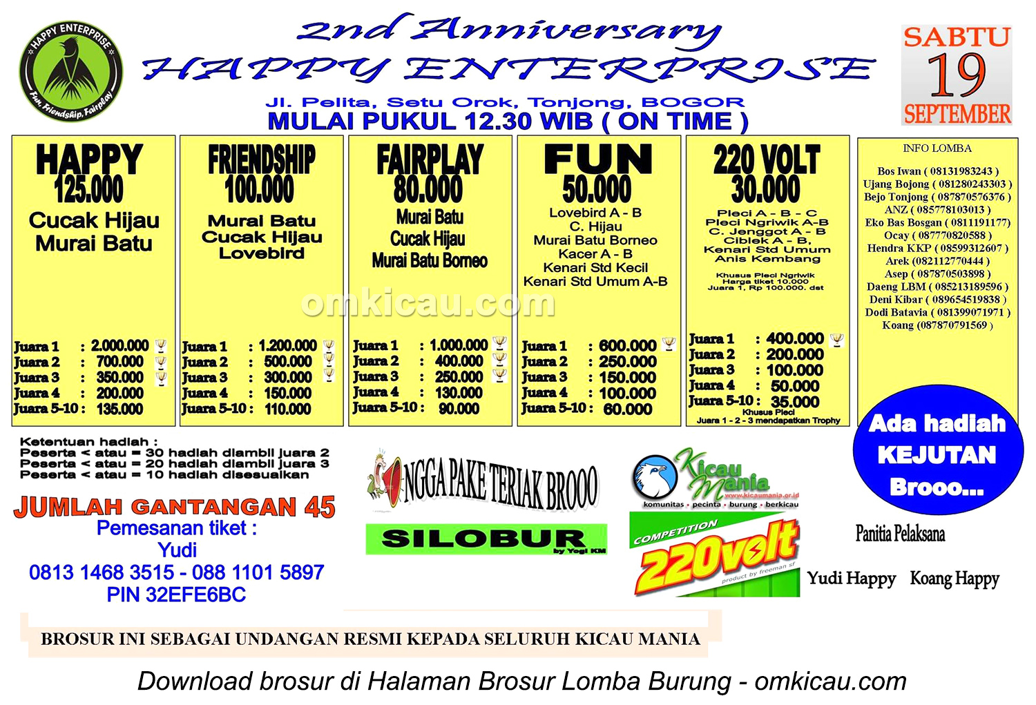 Brosur Lomba Burung Berkicau 2nd Anniversary Happy Enterprise, Bogor, 19 September 2015