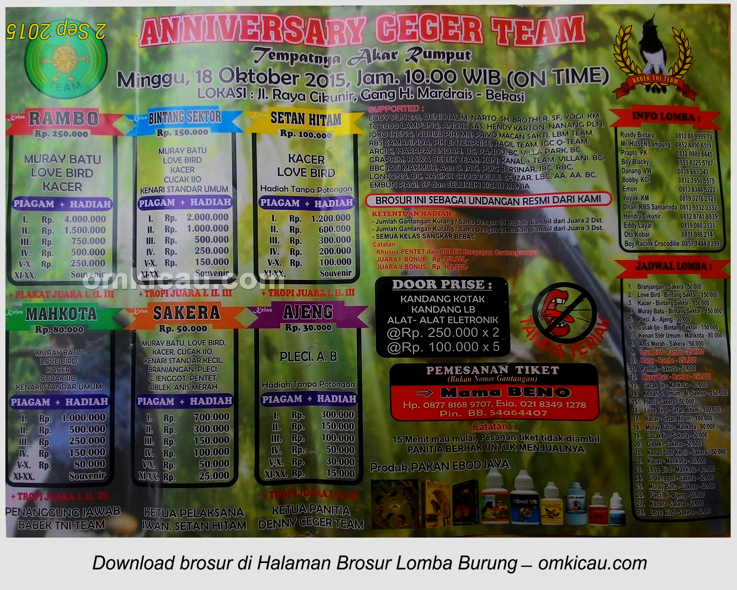 Brosur Lomba Burung Berkicau Anniversary Ceger Team, Bekasi, 18 Oktober 2015