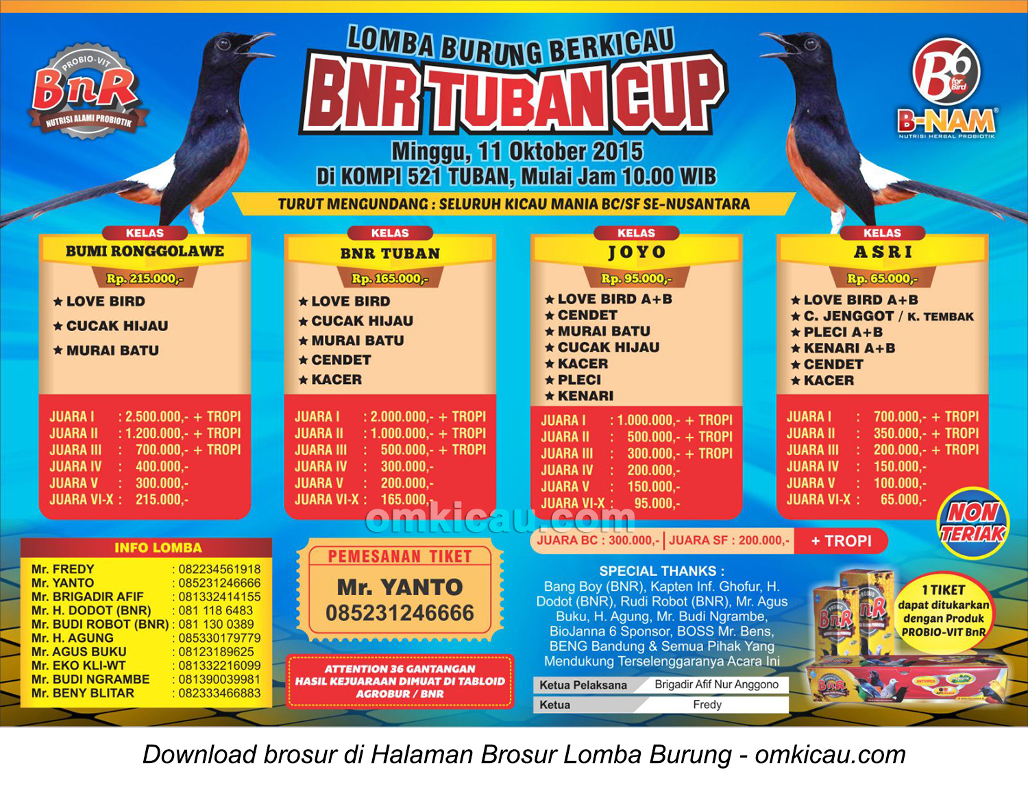 Brosur Lomba Burung Berkicau BnR Tuban Cup, 11 Oktober 2015