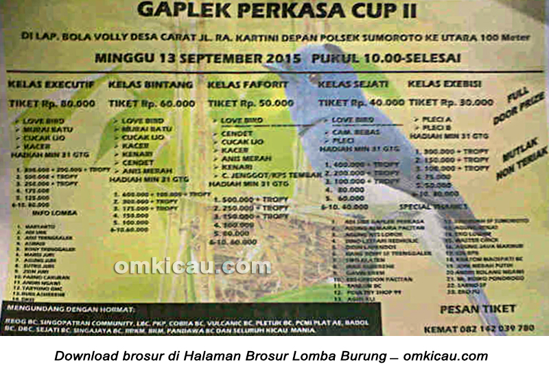 Brosur Lomba Burung Berkicau Gaplek Perkasa Cup II, Ponorogo, 13 September 2015