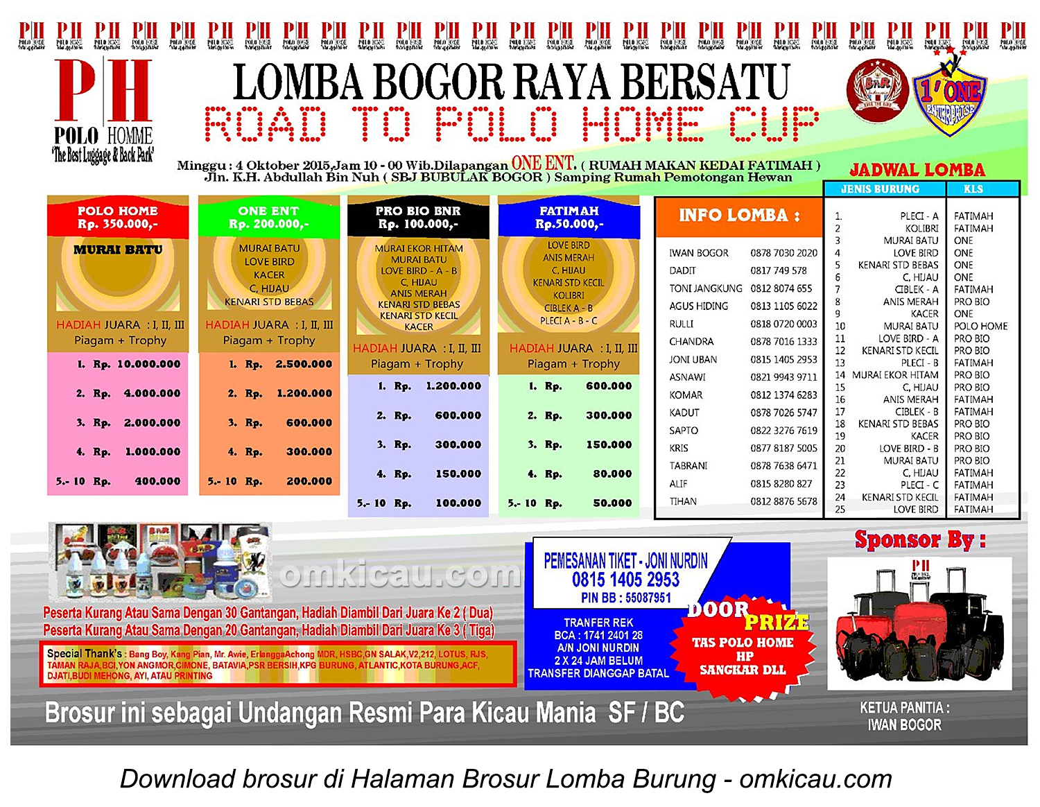 Brosur Lomba Burung Berkicau Road to Polo Home Cup, Bogor, 4 Oktober 2015