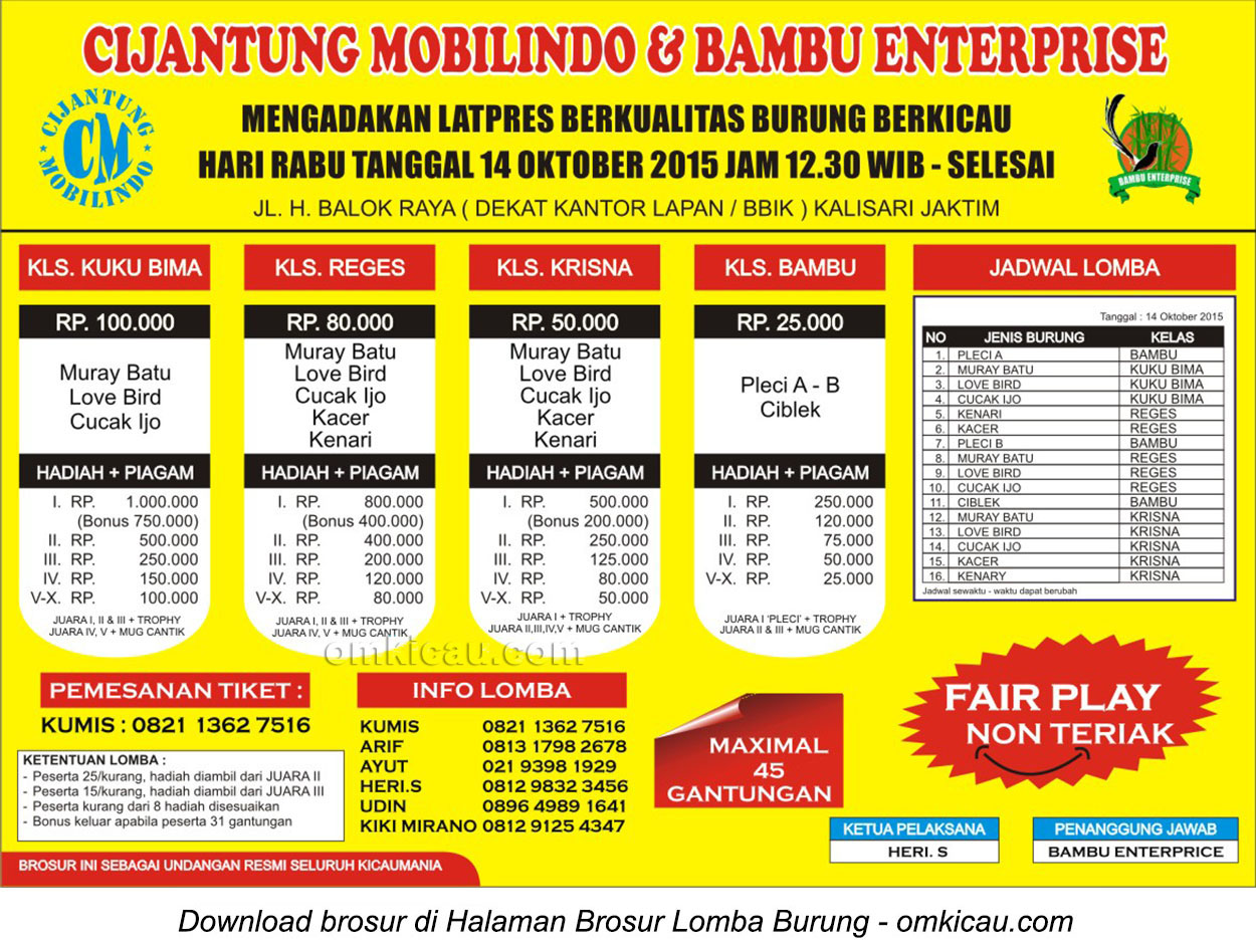 Brosur Latpres Burung Berkicau Cijantung Mobilindo - Bambu Enterprise, Jakarta Timur, 14 Oktober 2015