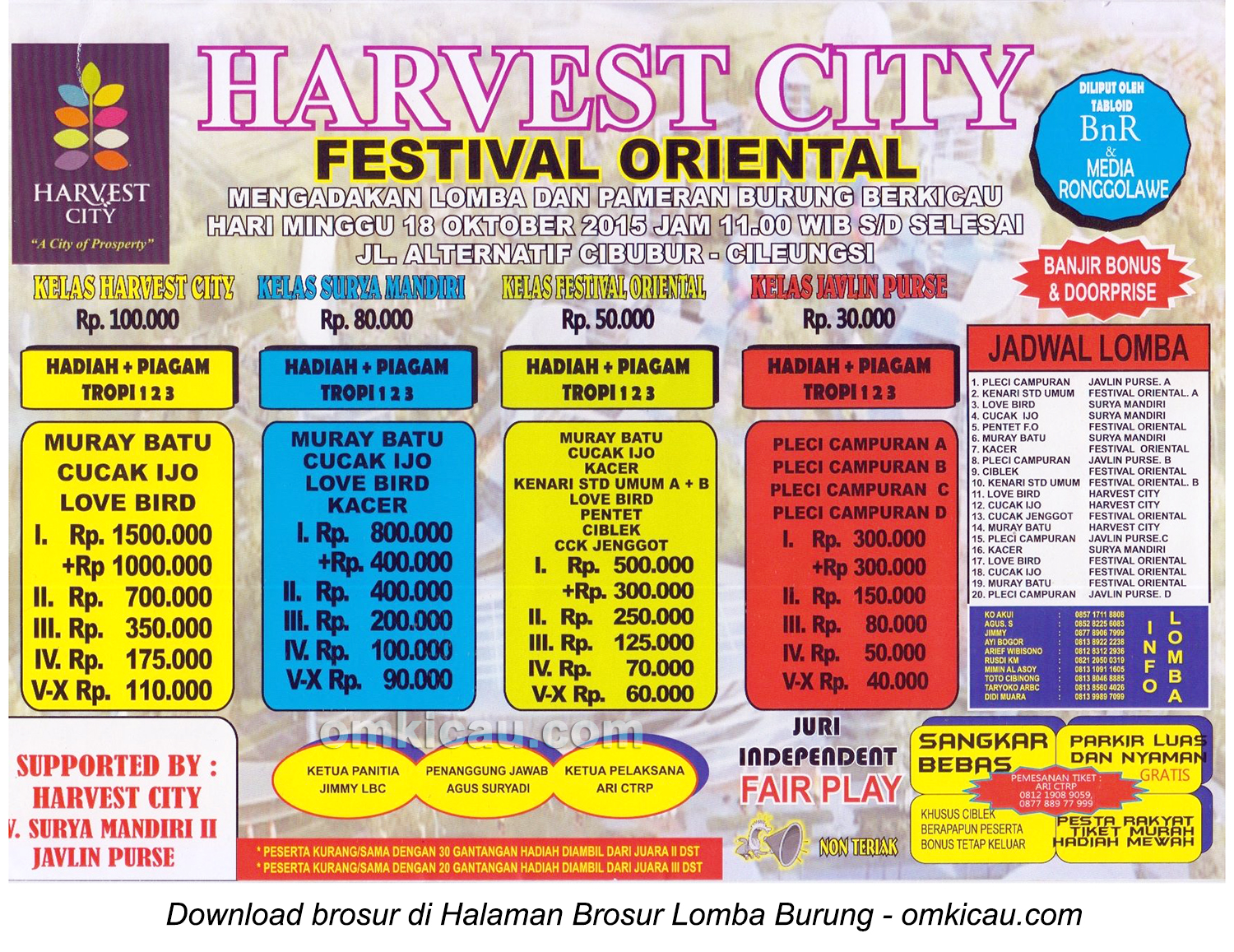 Brosur Lomba Burung Berkicau Harvest City Festival Oriental, Bogor, 18 Oktober 2015