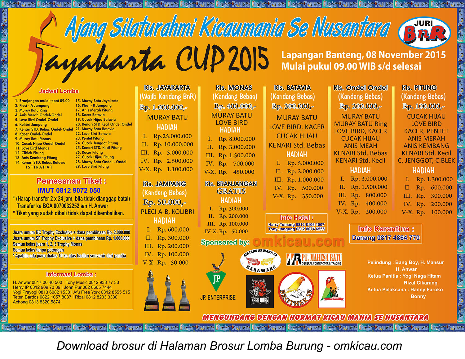 Brosur Lomba Burung Berkicau Jayakarta Cup 2015, Jakarta, Minggu 8 November 2015