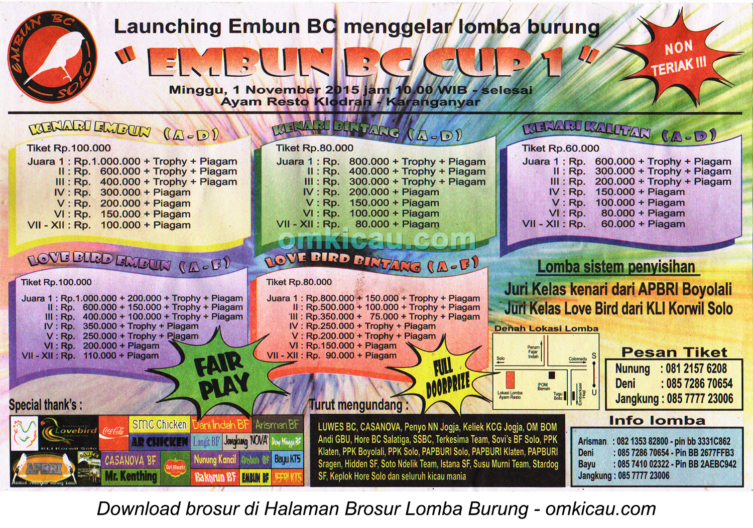Brosur Lomba Burung Berkicau Launching Embun BC, Karanganyar, Minggu 1 November 2015