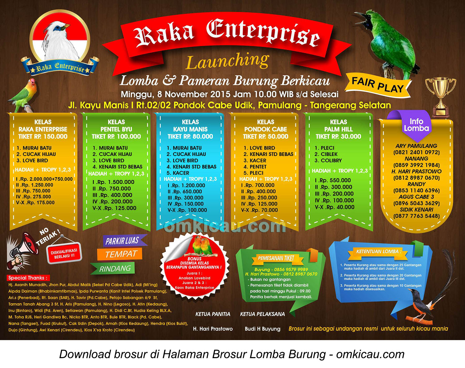 Brosur Lomba Burung Berkicau Launching Raka Enterprise, Tangerang Selatan, 8 November 2015