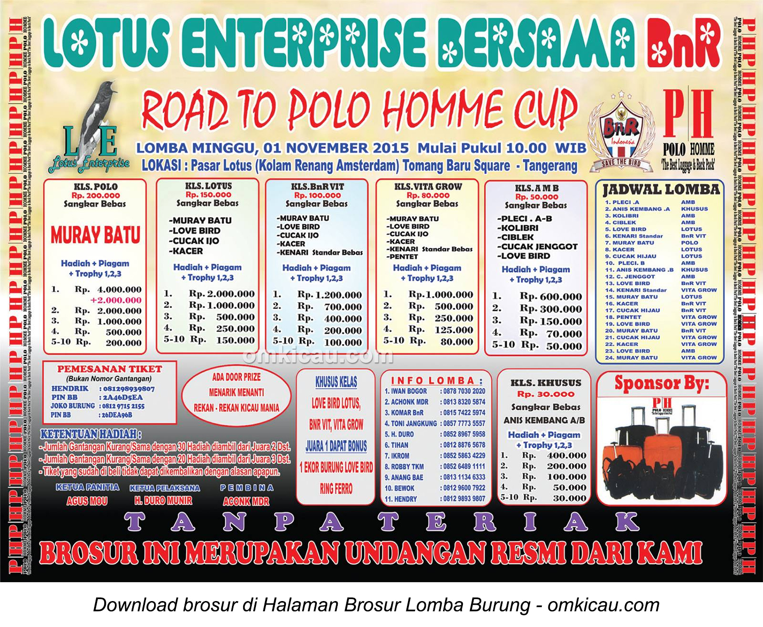 Brosur Lomba Burung Berkicau Lotus Enterprise-Road to Polo Home Cup, Tangerang, 1 November 2015