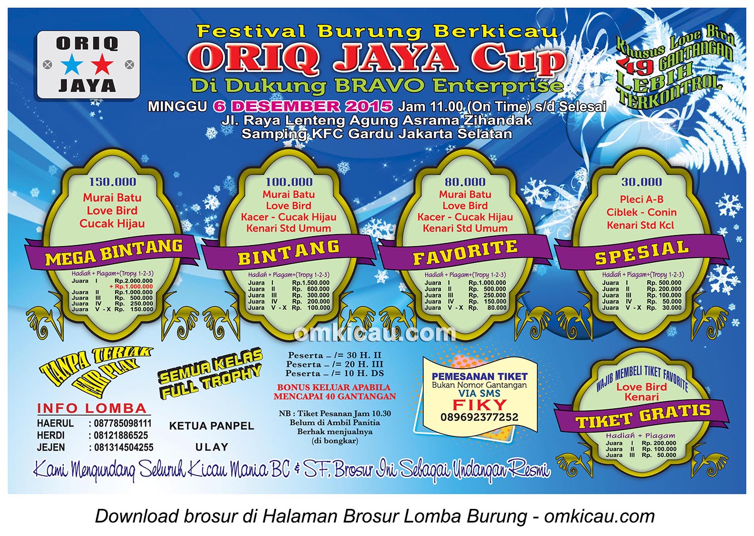 Brosur Festival Burung Berkicau Oriq Jaya Cup, Jakarta Selatan, 6 Desember 2015