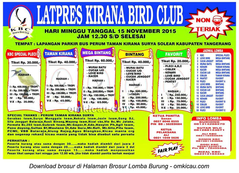 Brosur Latpres Burung Berkicau Kirana Bird Club, Tangerang, 15 November 2015