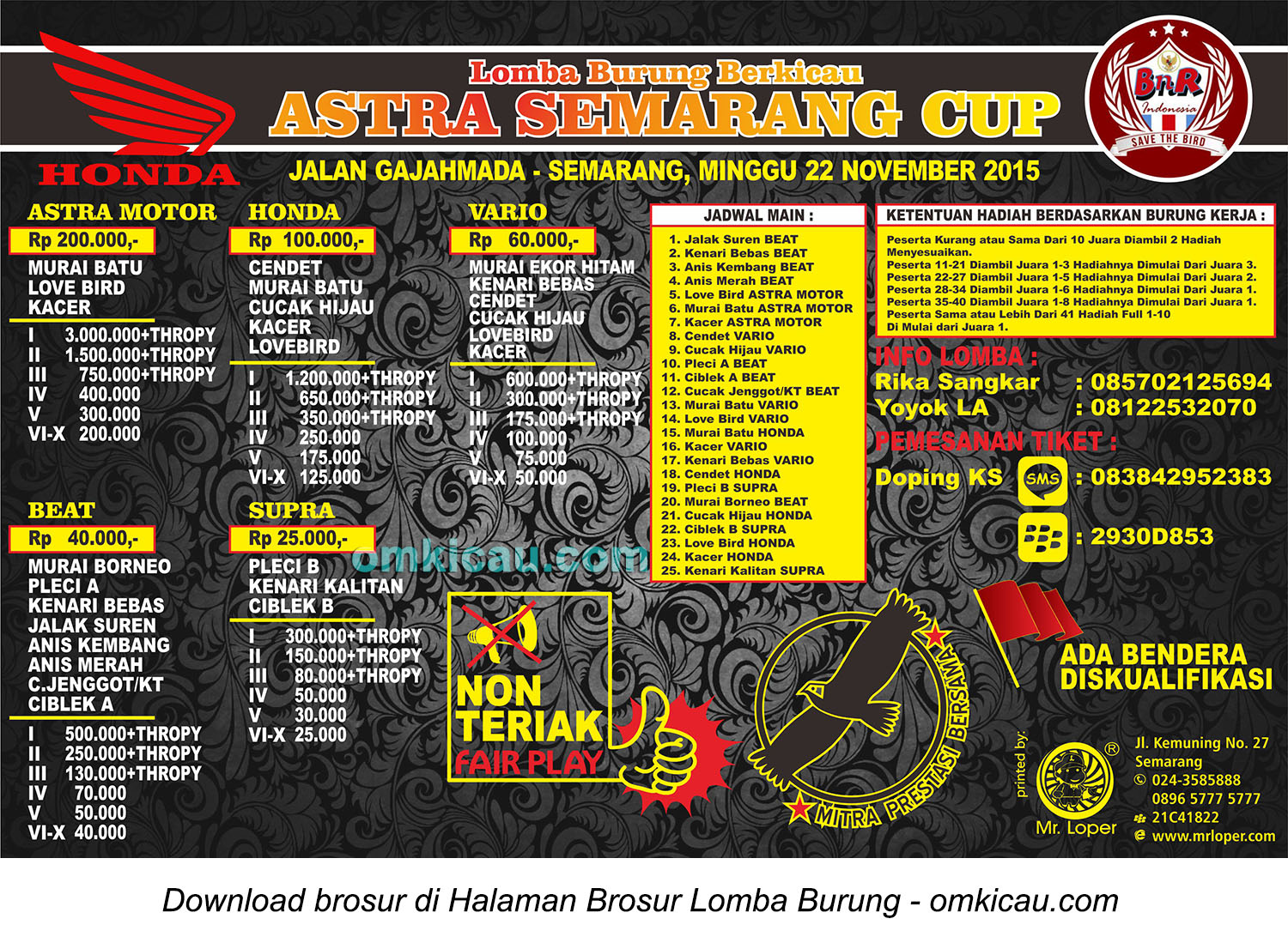 Brosur Lomba Burung Berkicau Astra Semarang Cup, 22 November 2015