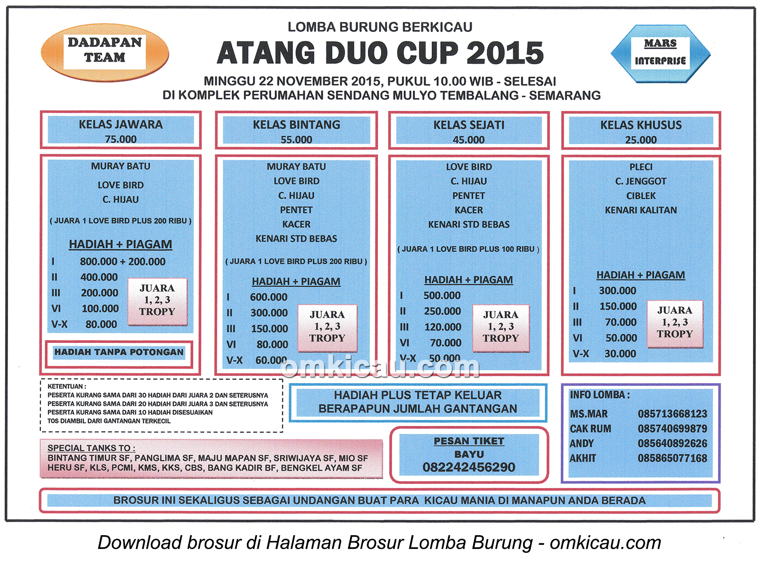 Brosur Lomba Burung Berkicau Atang Duo Cup, Semarang, 22 November 2015