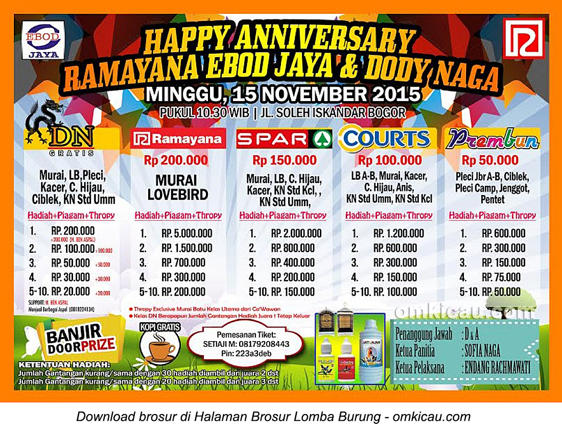Brosur Lomba Burung Berkicau Happy Anniversary Ramayana Ebod Jaya-Dody Naga, Bogor, 15 November 2015