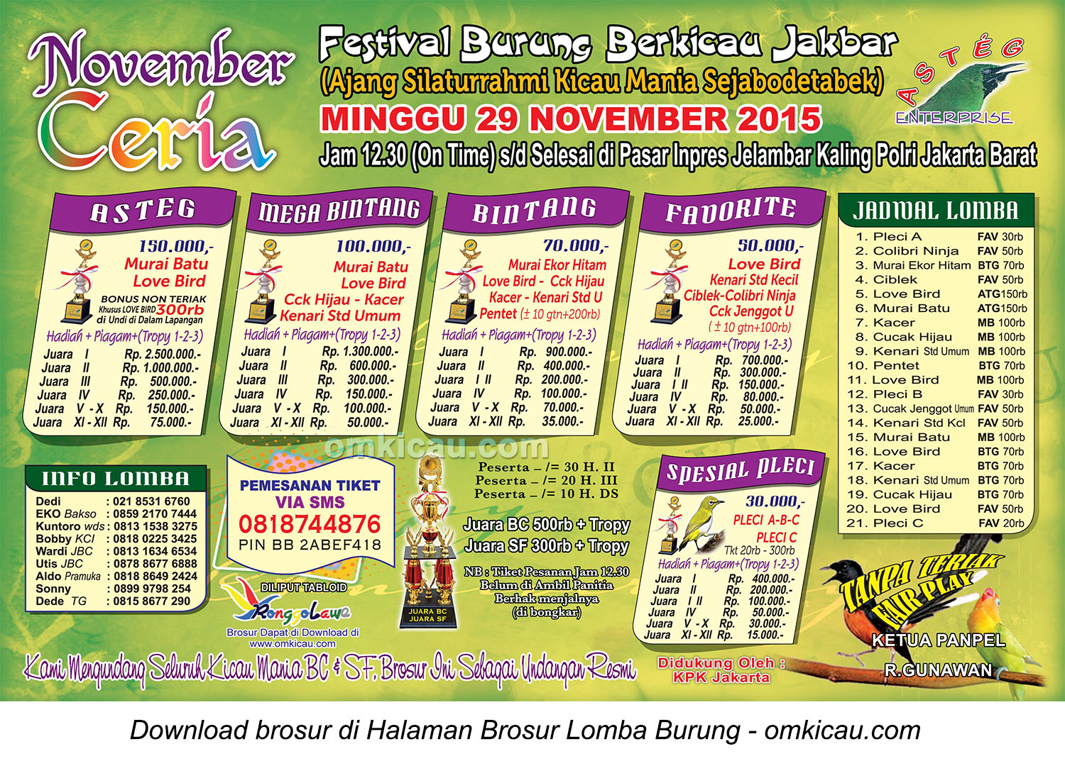 Brosur Lomba Burung Berkicau November Ceria Asteg Enterprise, Jakarta Barat, 29 November 2015
