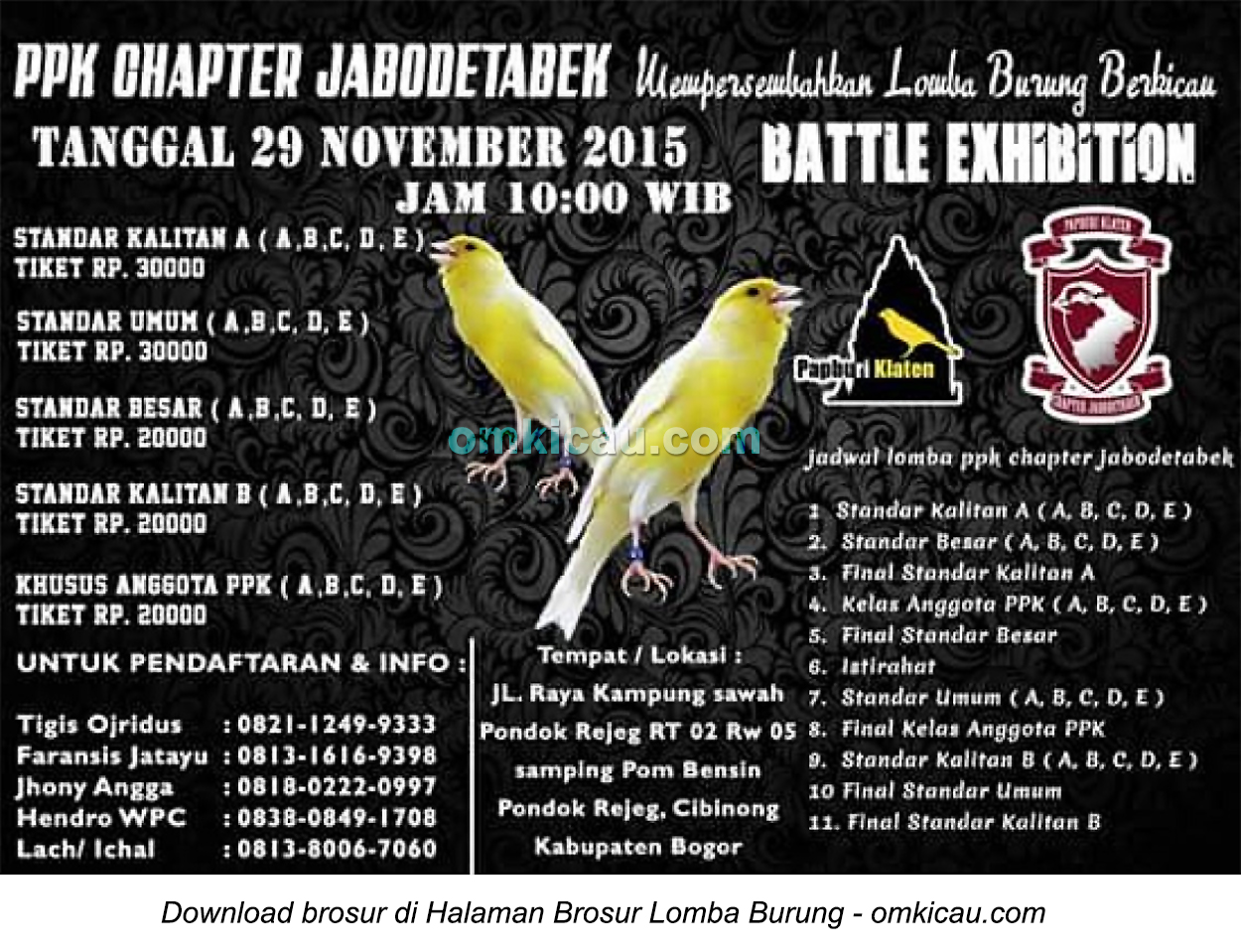 Brosur Lomba Burung Berkicau PPK Chapter Jabodetabek, Bogor, 29 November 2015