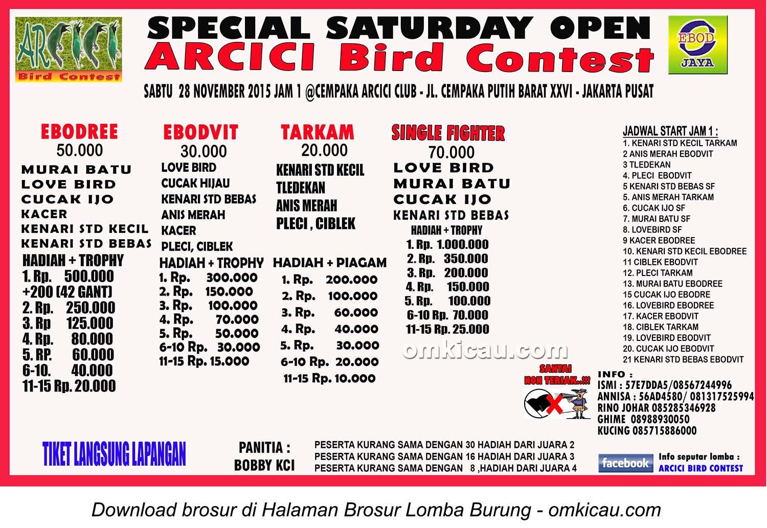 Brosur Special Saturday Open Arcici Bird Contest, Jakarta, 28 November 2015