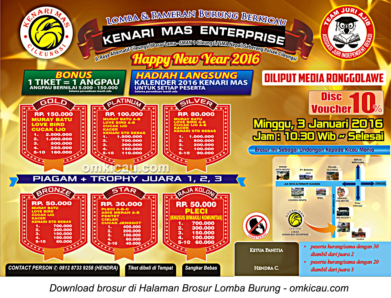 Brosur Lomba Burung Berkicau Happy New Year - Kenari Mas Enterprise, Bogor, 3 Januari 2016