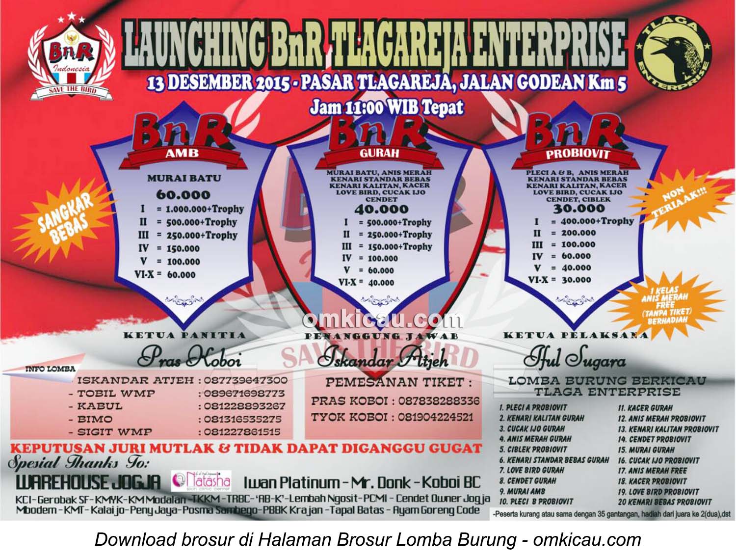 Brosur Lomba Burung Berkicau Launching BnR Tlagareja Enterprise, Jogja, 13 Desember 2015