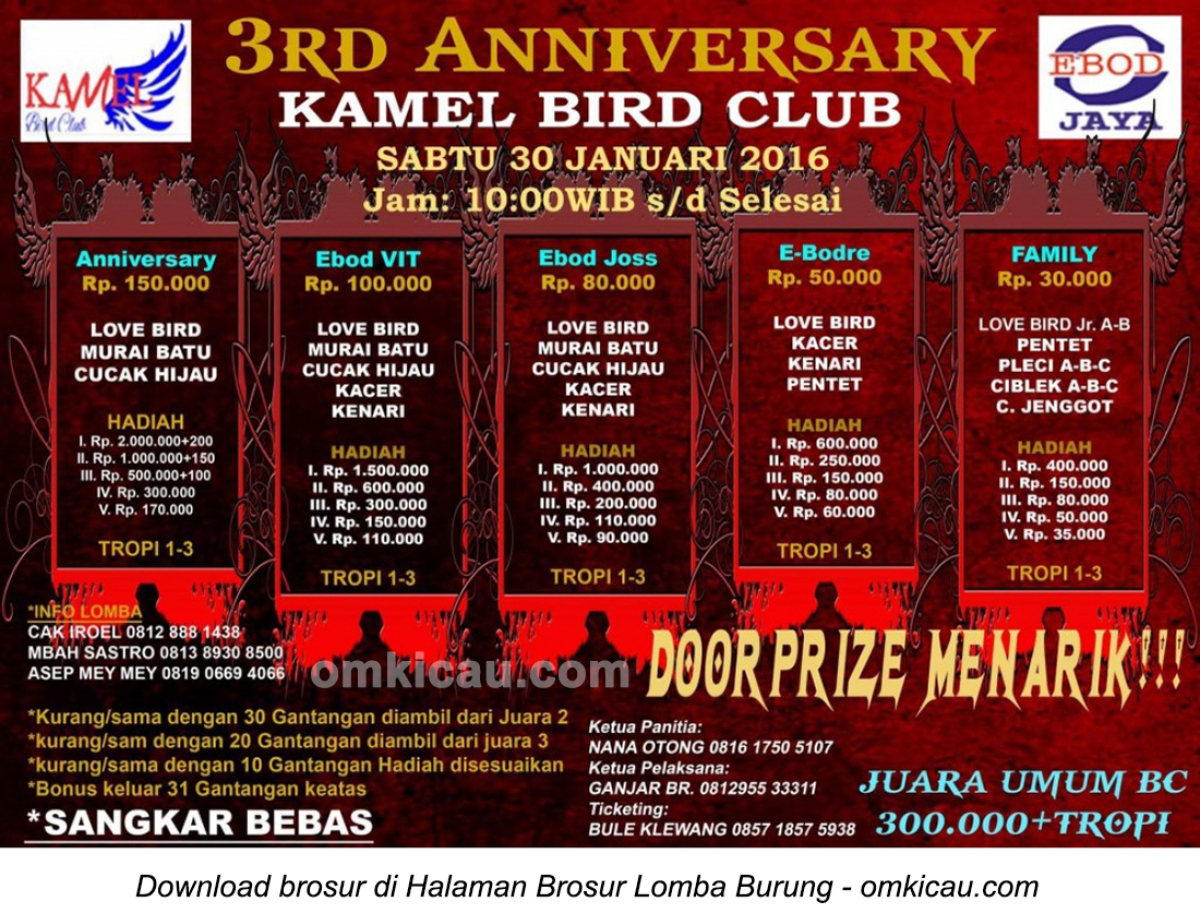Brosur Lomba Burung Berkicau 3rd Anniversary Kamel BC, Bekasi, 30 Januari 2016