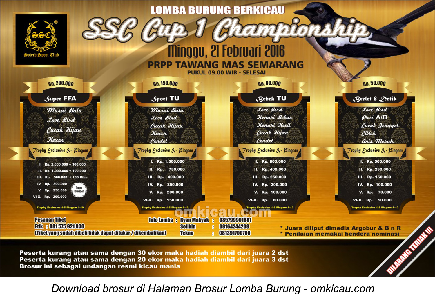 Brosur Lomba Burung Berkicau SSC Cup 1 Championship, Semarang, 21 Februari 2016