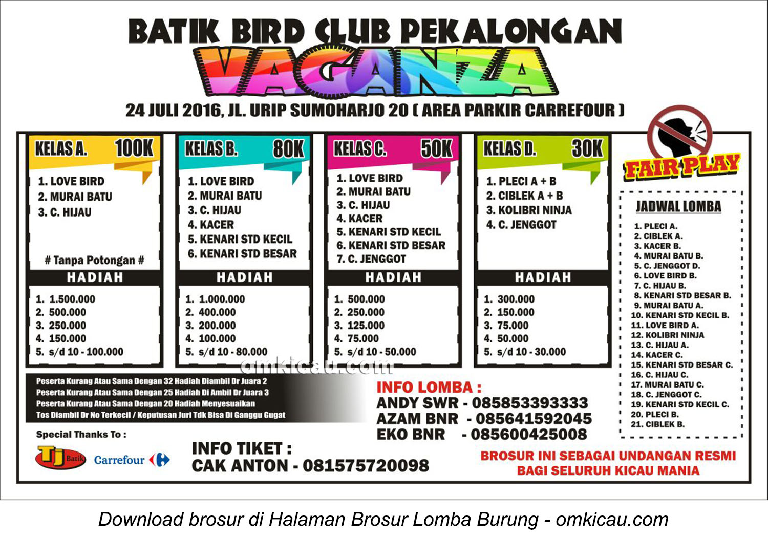 Brosur Lomba Burung Berkicau Batik Bird Club Vaganza, Pekalongan, 24 Juli 2016
