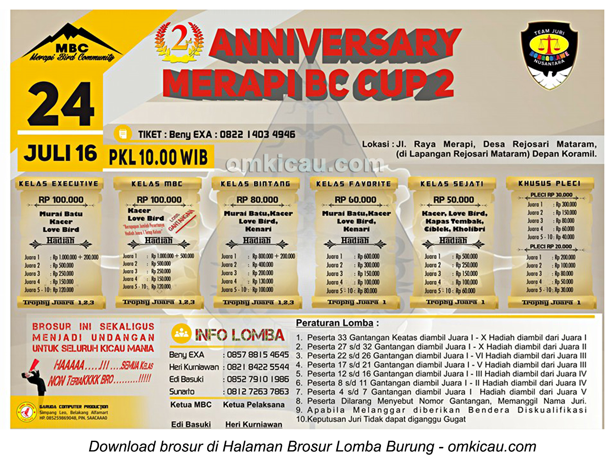 Brosur Lomba Burung Berkicau Anniversary Merapi BC Cup 2, Lampung Tengah, 24 Juli 2016