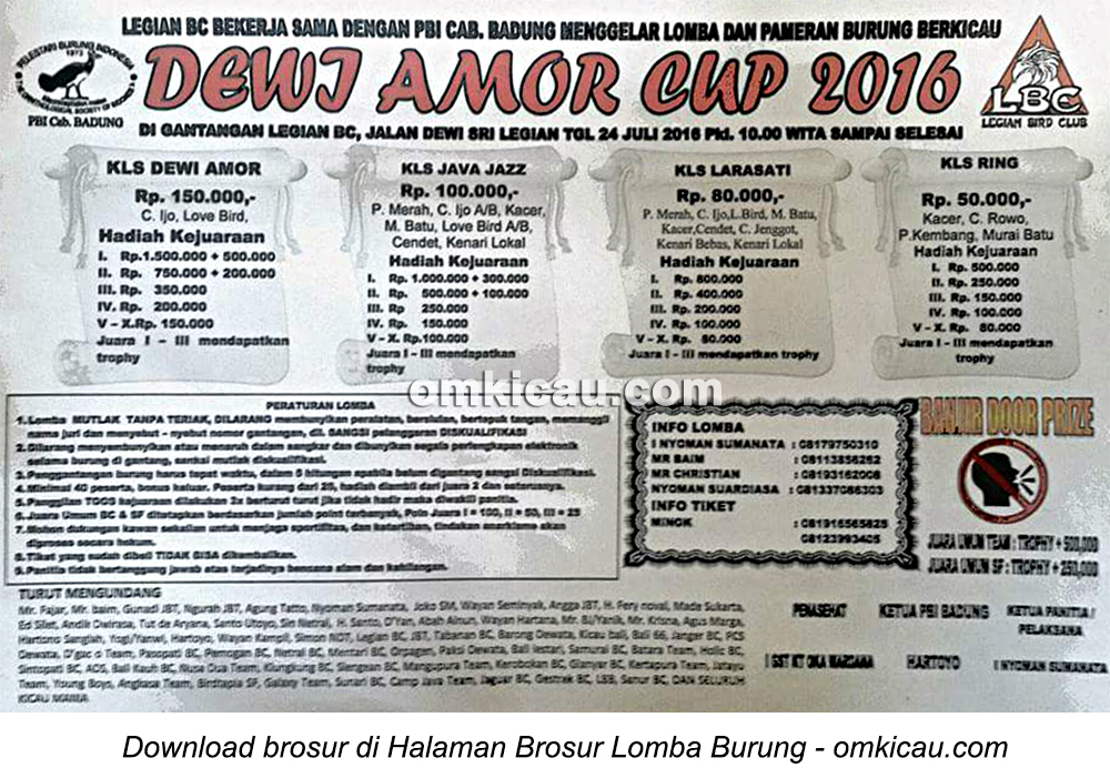 Brosur Lomba Burung Berkicau Dewi Amor Cup, Legian, 24 Juli 2016