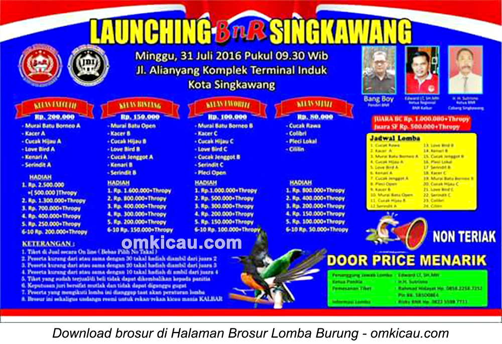 Brosur Lomba Burung Berkicau Launching BnR Singkawang, 31 Juli 2016