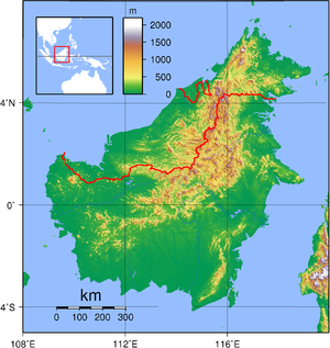 Relief (hypsometric) map of Borneo. Red lines ...