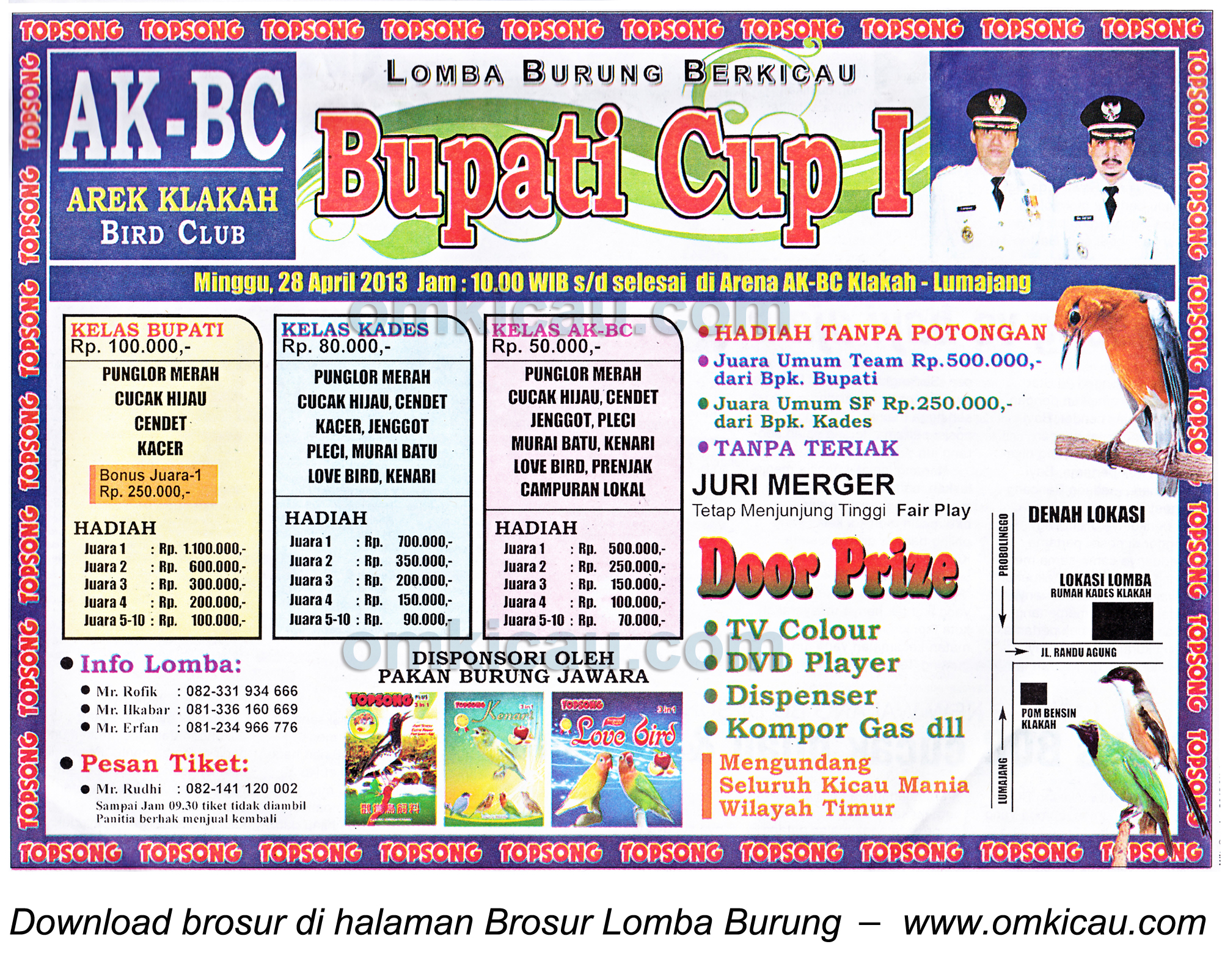 Brosur Lomba Burung Bupati Cup I, Lumajang, 28 April 2013