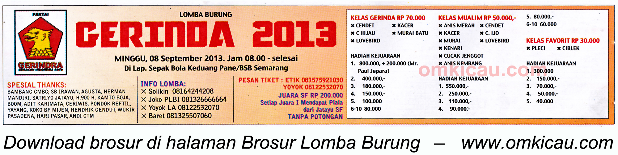 Brosur Lomba Burung Gerinda Cup Semarang 8 Sept 2013