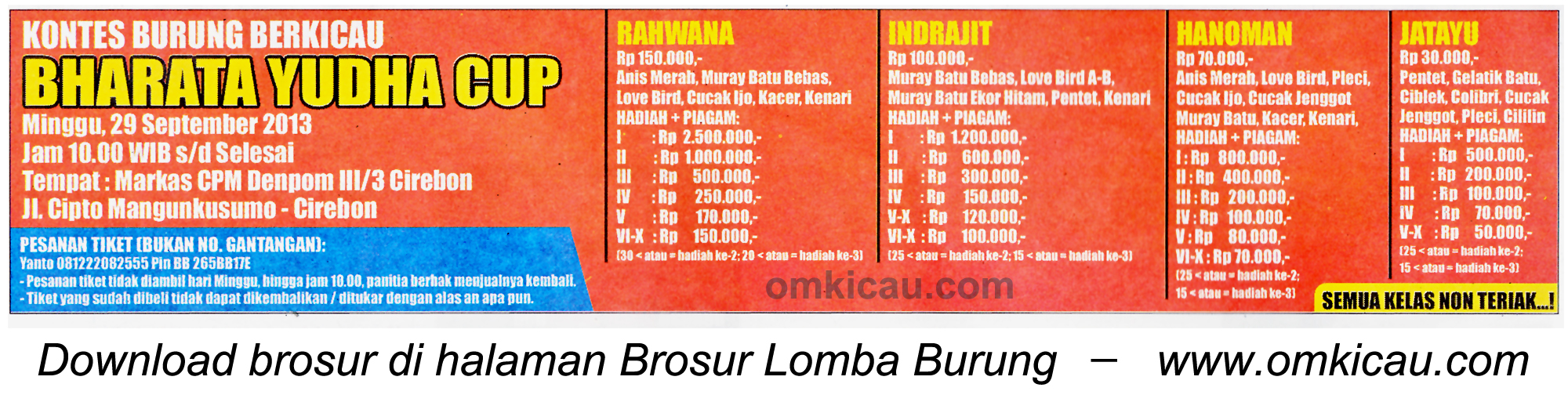 Brosur Kontes Burung Berkicau Bharata Yudha Cup, Cirebon, 29 September 2013