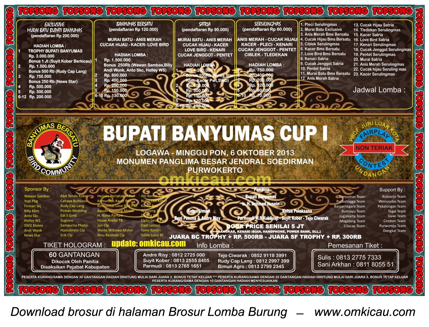 Brosur Lomba Burung Bupati Banyumas Cup I, Purwokerto, 6 Oktober 2013